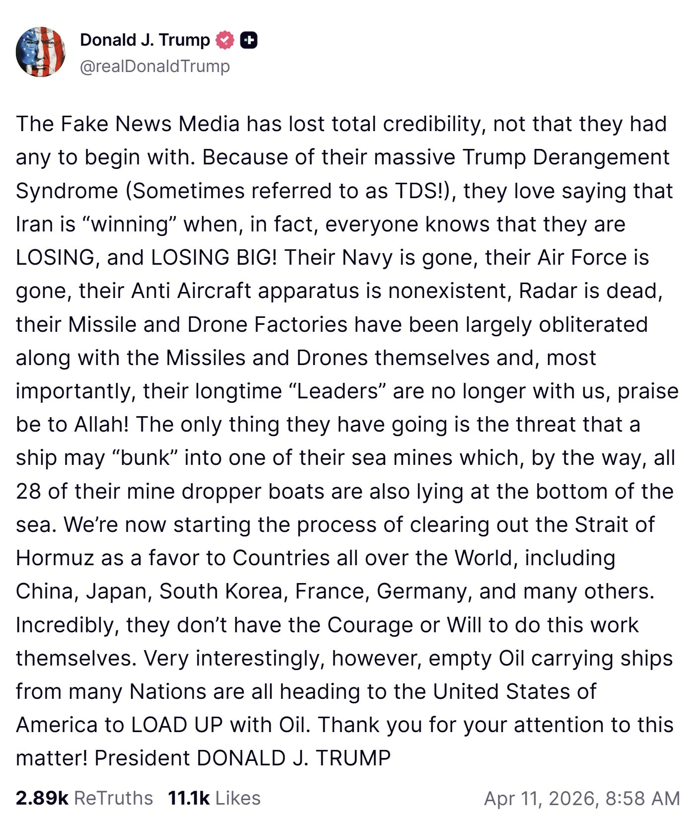 【美国之声——美国开始清理霍尔木兹海峡】2026年4月11日 川普总统：

假新闻媒体已经彻底失去公信力，尽管他们一开始就几乎没有任何公信力。由于假新闻媒体严重的“因川普而错乱综合症”（有时称为 TD...