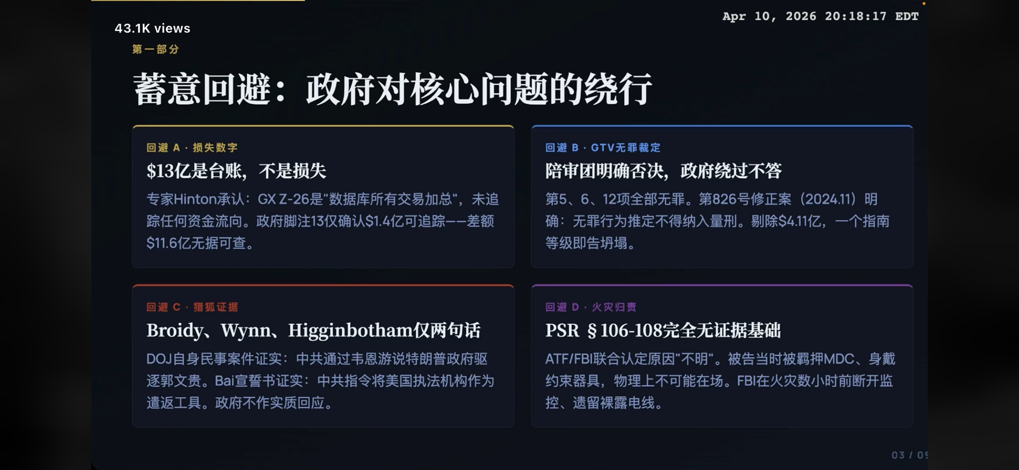 🚨 震惊！美国政府在郭文贵案中蓄意回避核心问题，强行量刑！
第一部分： 政府对13亿“损失”避而不谈——专家Hinton承认GX Z-26只是“数据库交易加总”，实际可追踪仅1.4亿，差额11.6亿...