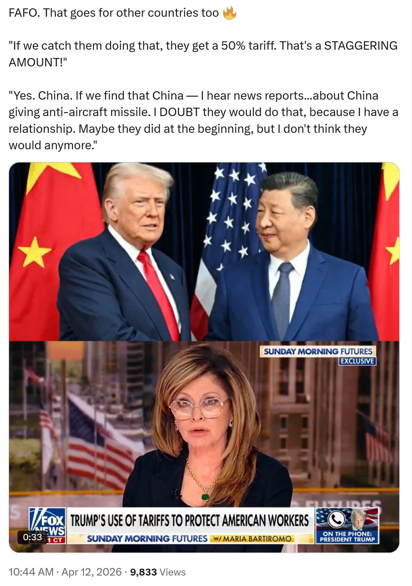 【美国之声——如果中共向伊朗提供武器，将面临50%的关税】2026年4月12日川普总统：

是的，我指的是中共国。如果我们发现中共国——我听到一些新闻报道……说它在提供肩扛式防空导弹。我不太相信他们会...