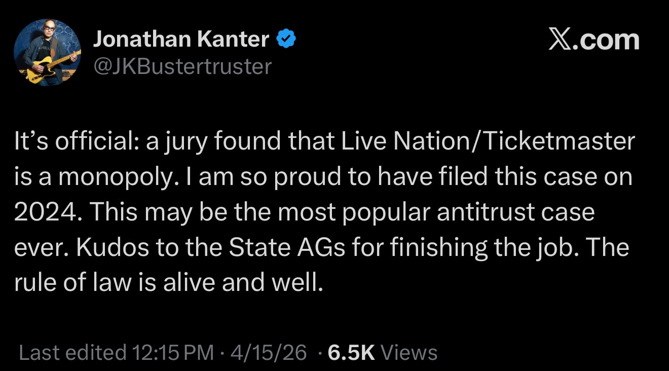 KANTER: “It’s official: a jury found that Live Nation/Ticketmaster is a monopoly. I am so proud to h...