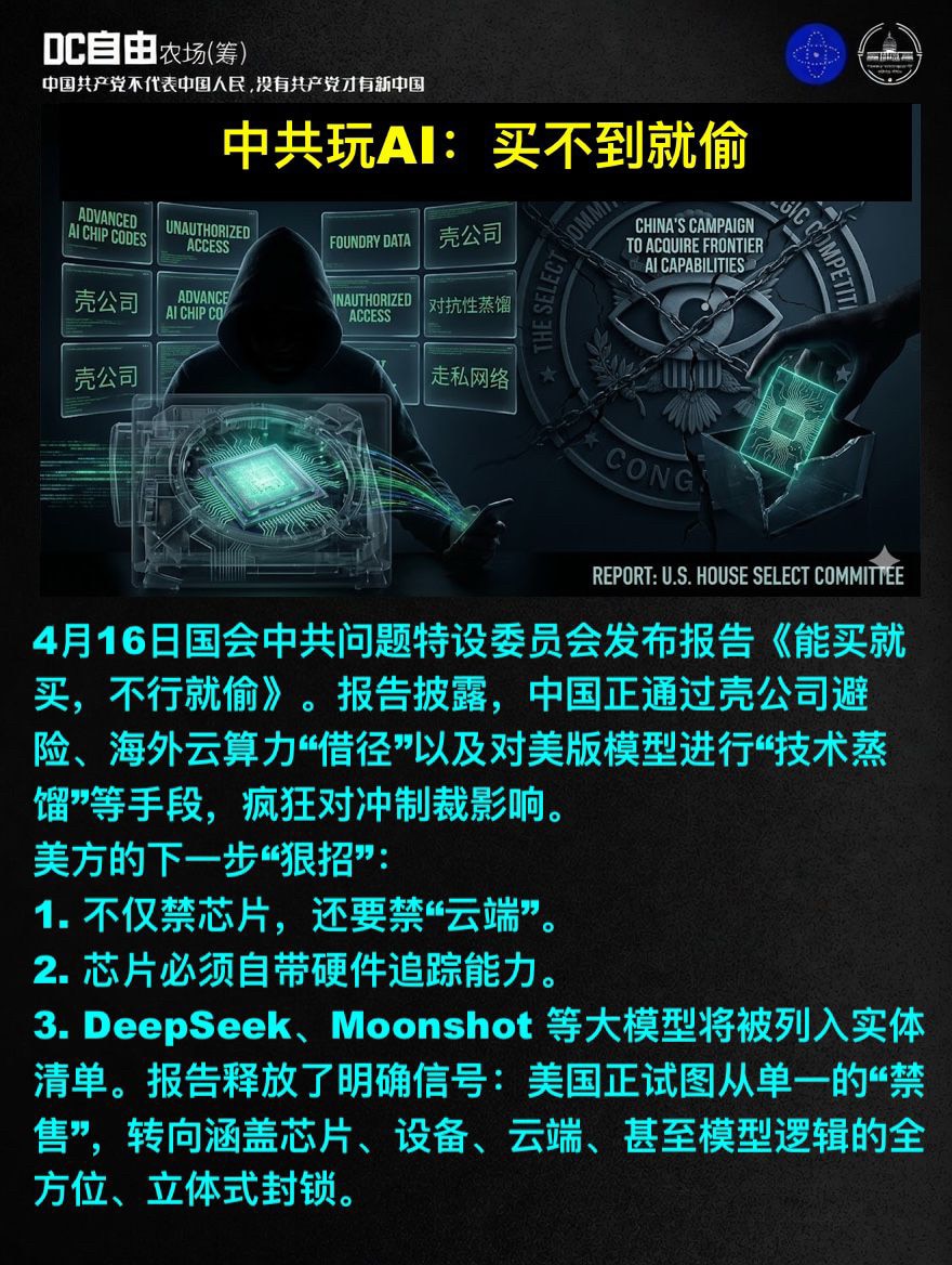 🔥🔥 中共玩AI：买不到就偷

4月16日国会中共问题特设委员会发布报告《能买就买，不行就偷》。报告披露，中国正通过壳公司避险、海外云算力“借径”以及对美版模型进行“技术蒸馏”等手段，疯狂对冲制裁...