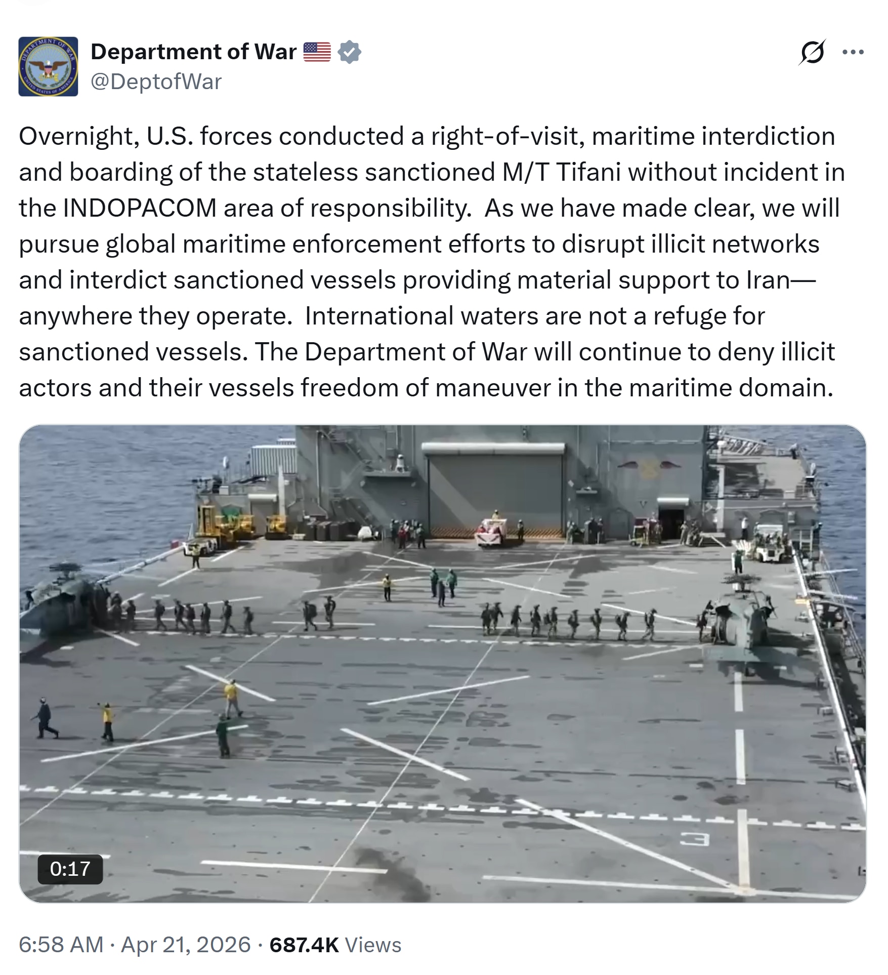 【美国之声】2026年4月21日 战争部：

昨夜，美军在印太司令部（INDOPACOM）责任区内，对无国籍受制裁油轮“蒂凡尼号”实施“登临检查权（right-of-visit）”行动，并在无任何冲突...