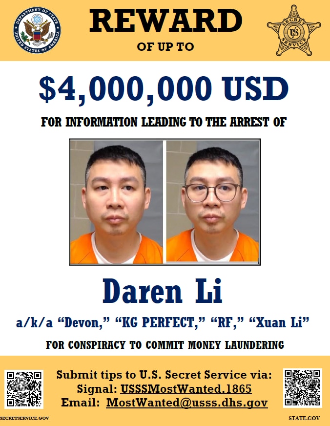 💰✨美国发布400万美元悬赏：追捕中国诈骗中心洗钱逃犯李大仁（音译），东南亚电诈黑钱链被曝光

国务院4月23日正式宣布，悬赏最高 400万美元，征集有助于逮捕 Daren Li（李大仁） 的线索。...