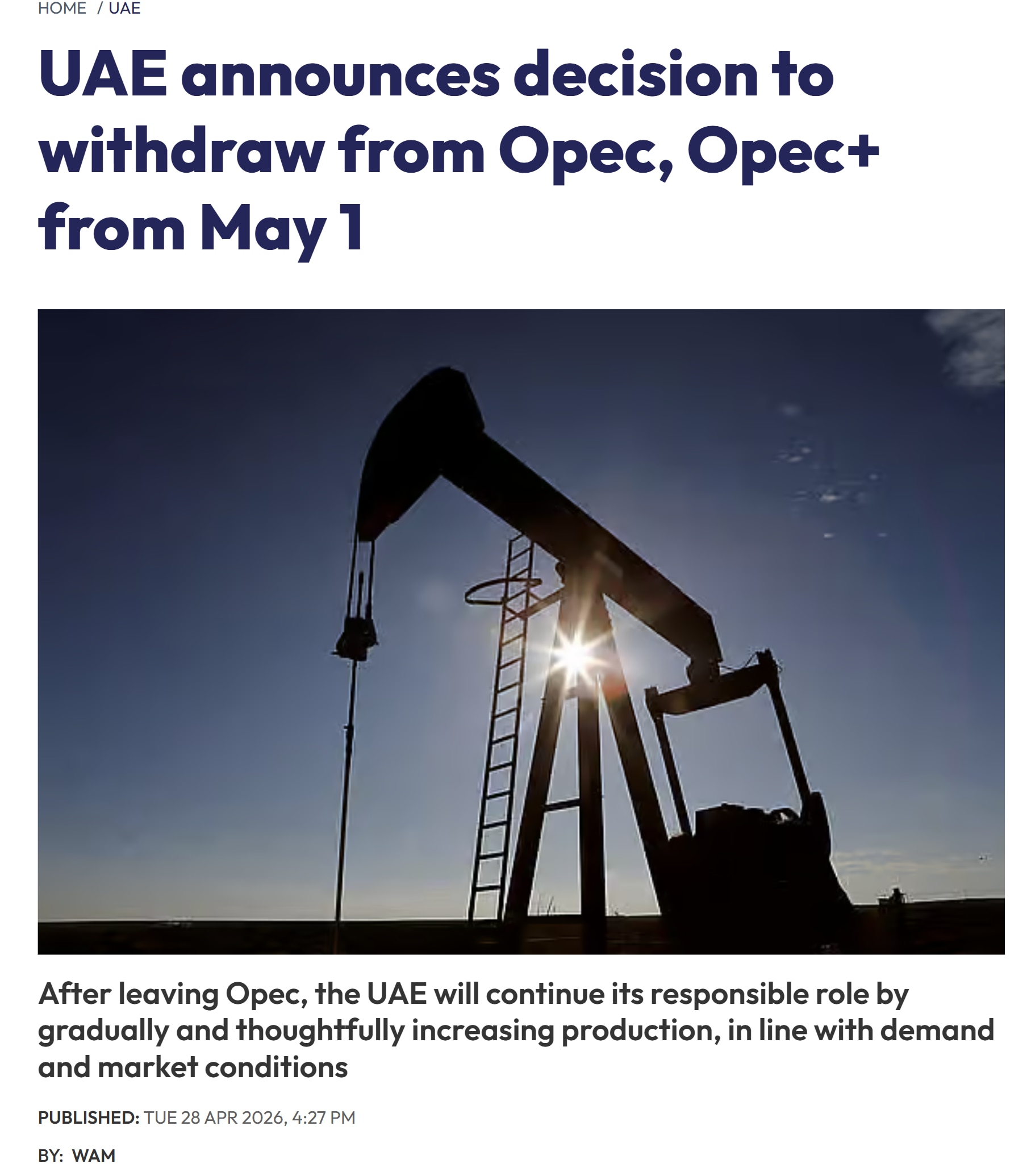 【美国之声——阿联酋退出OPEC，将大幅增产原油】2026年4月28日，阿联酋宣布决定自5月1日起退出欧佩克（OPEC）及OPEC+，要搞阿联酋优先，根据市场需求和状况增产（图1）。 

消息公布后，...