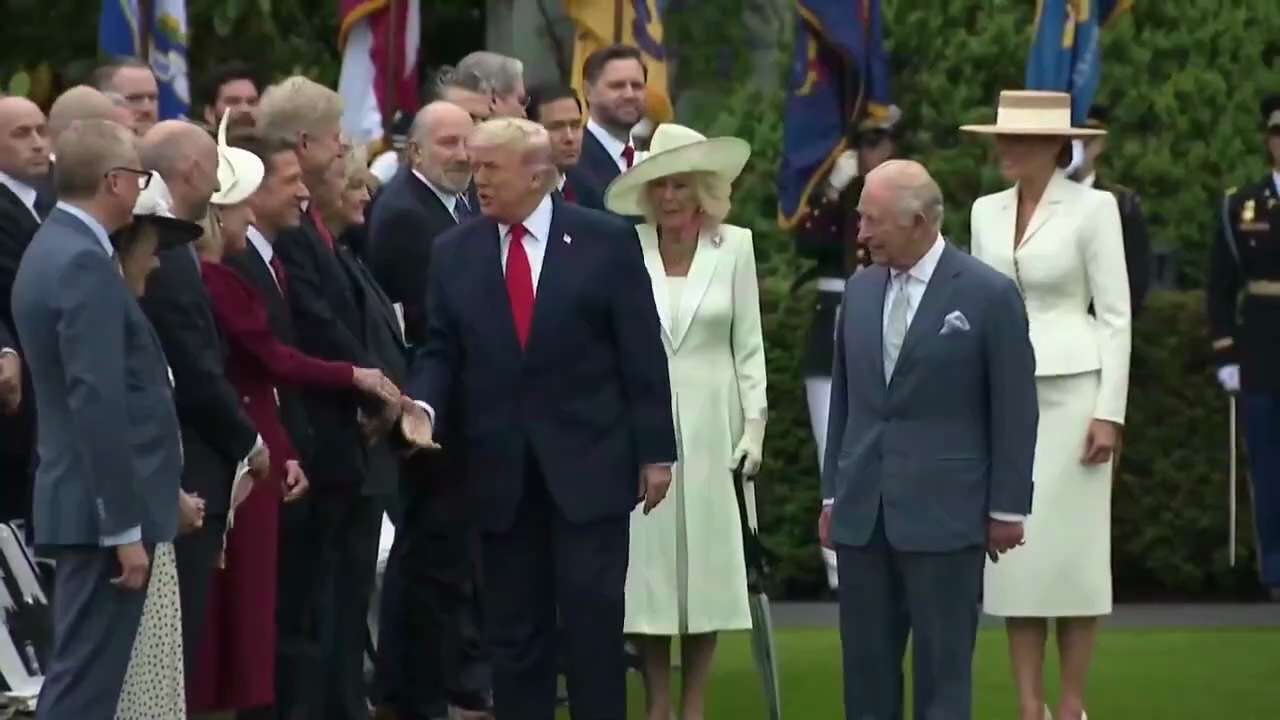JUST IN - King Charles III and Queen Camilla are greeted by members of the Cabinet upon arriving at ...
