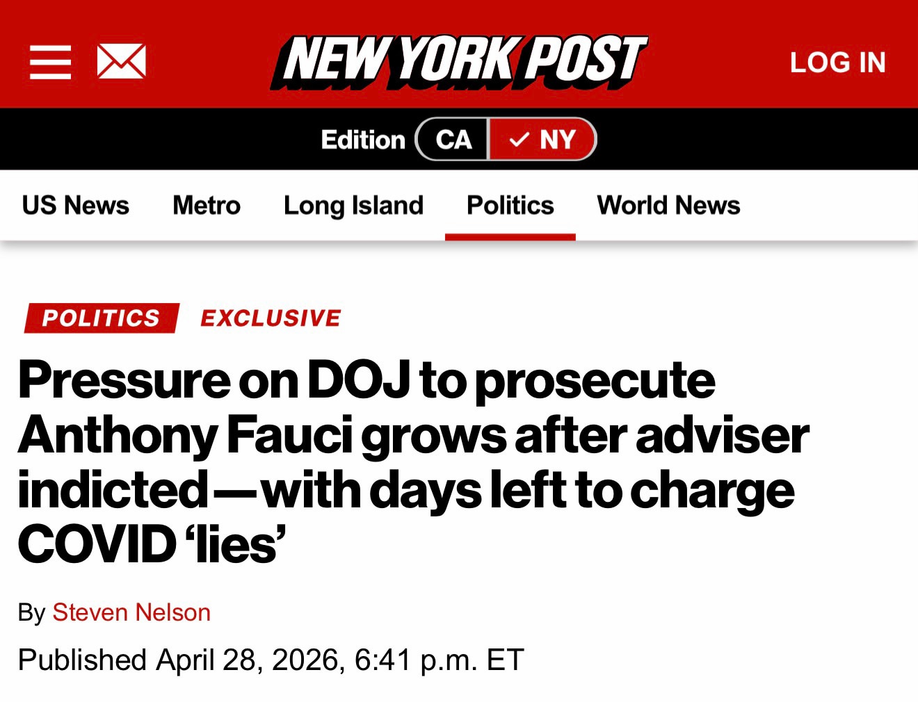 “The indictment of Dr. Anthony Fauci’s former adviser David Morens Tuesday revived calls for the Jus...