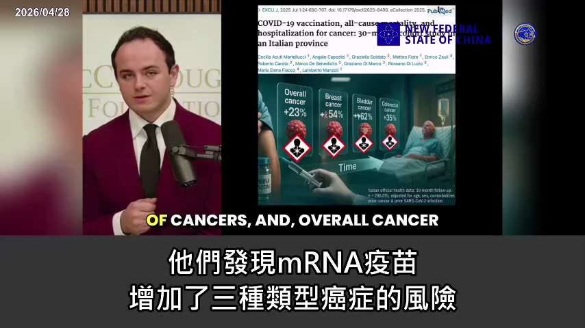 一套黃金標準的癌症監測系統，證實了之前的研究分析：mRNA疫苗確實誘發了癌症。特別是從義大利和南韓的數據顯示，疫苗接種者的各種癌症病發率顯著高於未接種者，情況嚴重，甚至堪稱為癌病疫情。