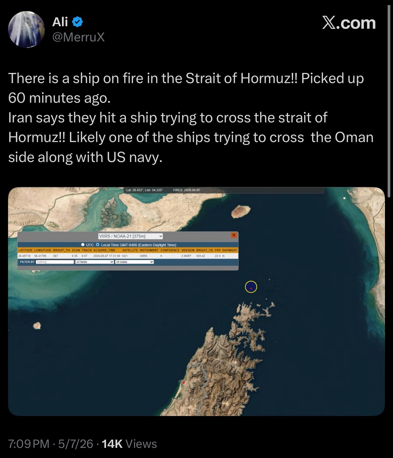 MERRUX: There is a ship on fire in the Strait of Hormuz!! Picked up 60 minutes ago. Iran says they h...