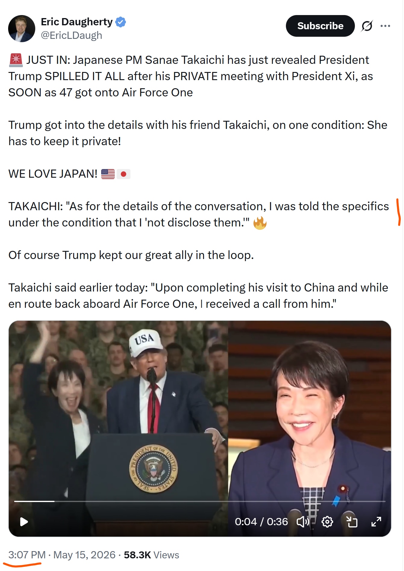【美国之声——有些信息只与高市分享】 2026年5月15日 高市早苗：

至于（川普总统与习近平）会谈的细节，我是在川普总统要求“不要对外透露”的前提下，被告知具体内容的。

#最重要的盟友 #美国之...