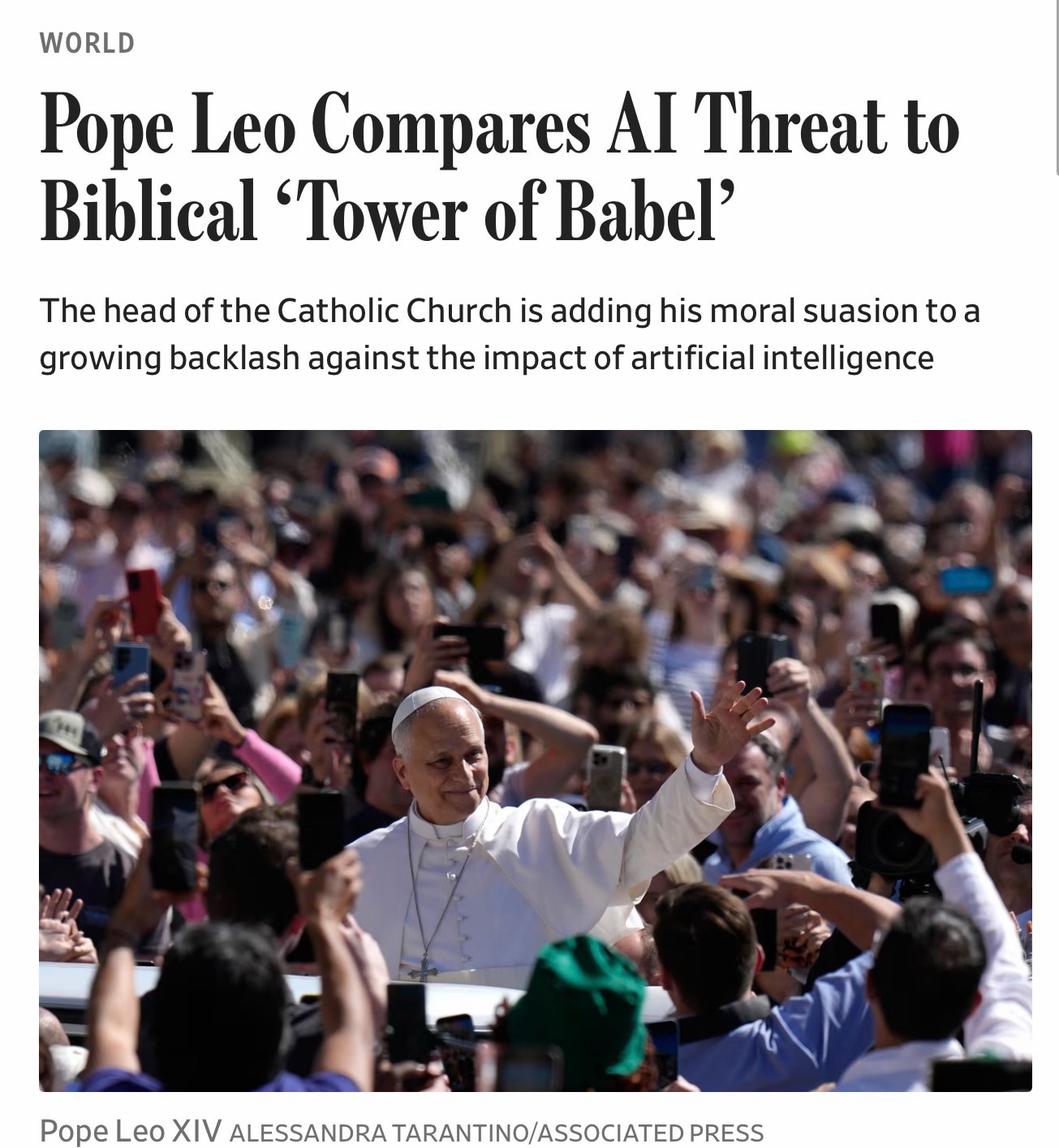 “VATICAN CITY—Pope Leo XIV warned that artificial intelligence ‘threatens to normalize an anti-human...