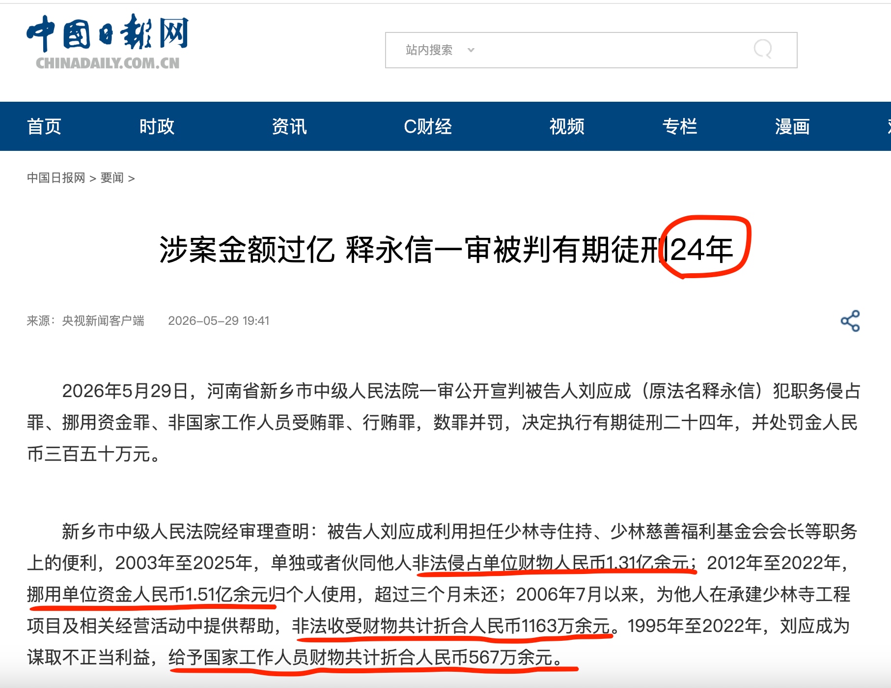 释永信被判24年，他今年已经61岁，要关到85岁，差不多就终老监狱了。不知道中共为什么不判他无期徒刑。仅从数额看，他受贿才1163万，行贿才567万，比中共高官廉洁多了。他真正的罪是知道的秘密太多，必...