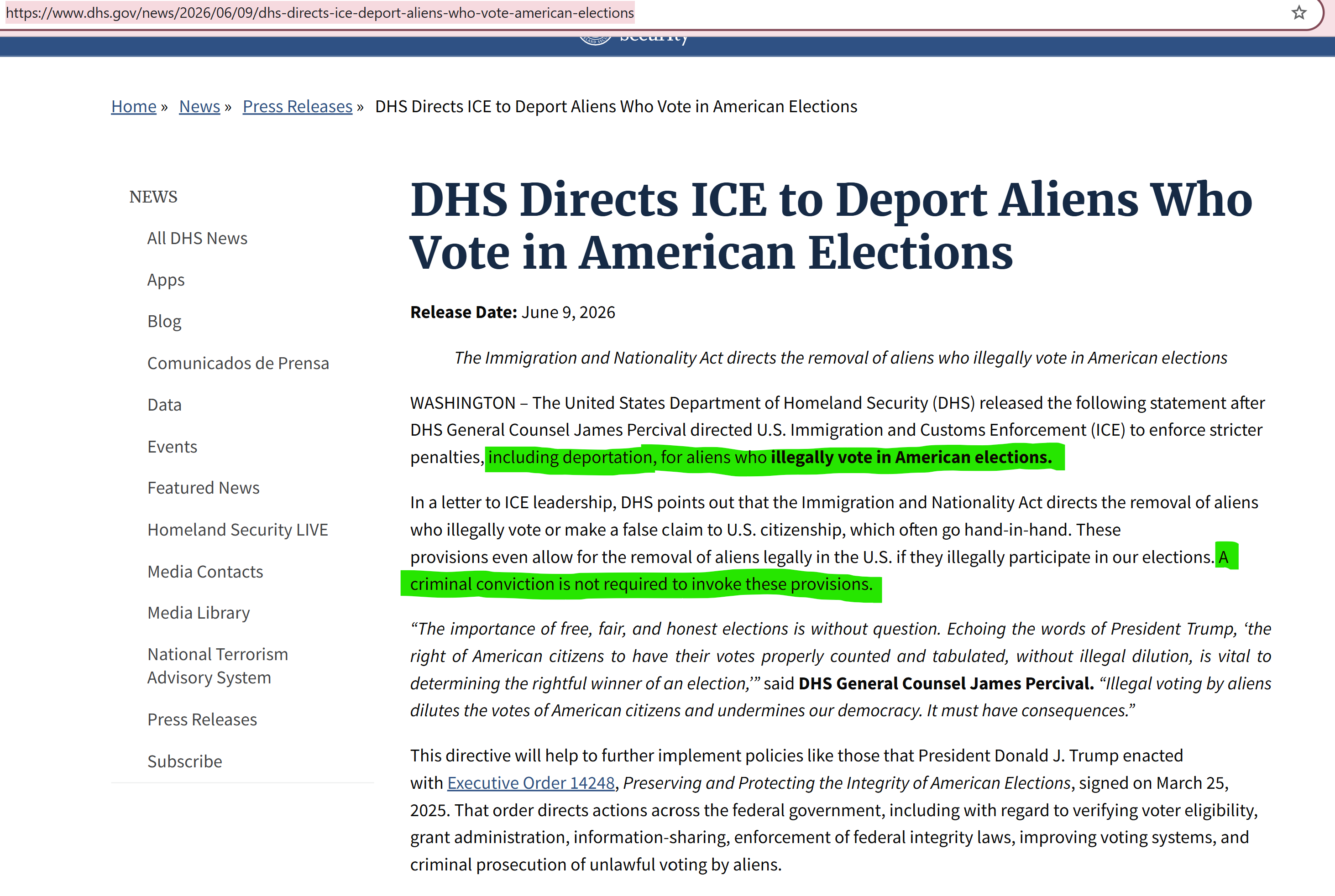 【美国之声】2026年6月9日，美国国土安全部（DHS）指示移民与海关执法局（ICE），对非法在美国选举中投票的外国人执行更严厉处罚，包括驱逐出境。

根据《移民与国籍法》，非法投票或虚假声称拥有美国...