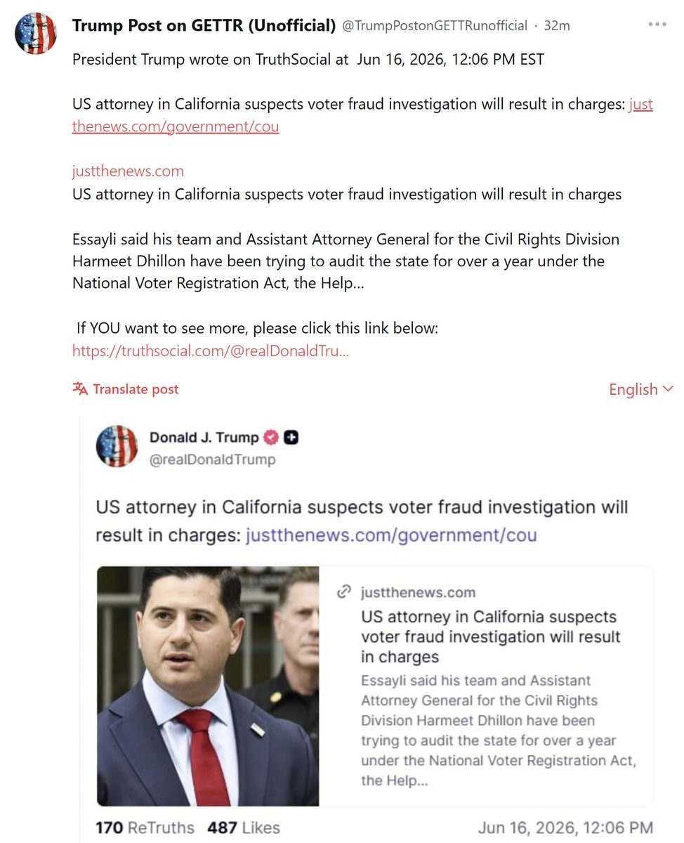 【美国之声：联邦检察官预告刑事起诉——“加州是欺诈者的天堂！”】2026年6月16日，川普总统引用《纯新闻》（Just the News）6月9日报道：

加州中区联邦检察官办公室第一助理检察官比尔·...