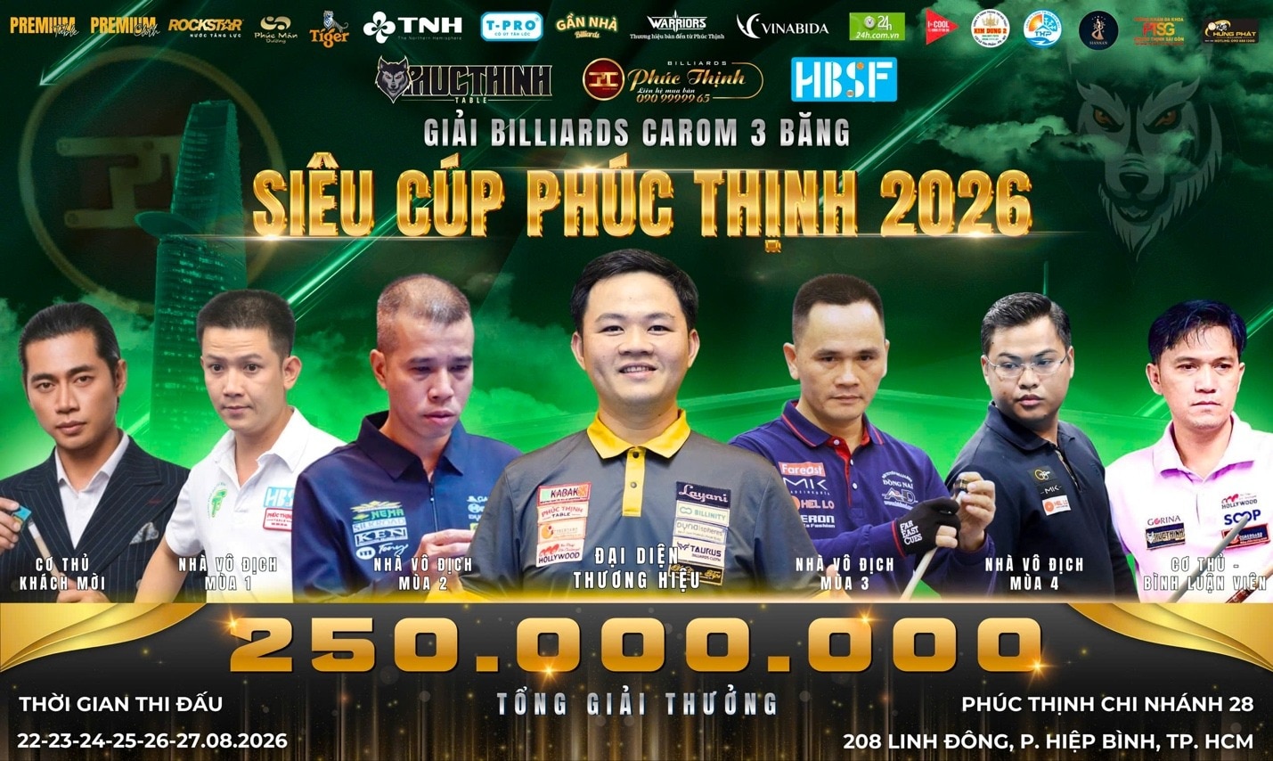 Giải siêu cup Billiards Phúc Thịnh 2026 vô địch 100 triệu

Giải siêu cúp Billiard Phúc Thịnh mùa thứ...