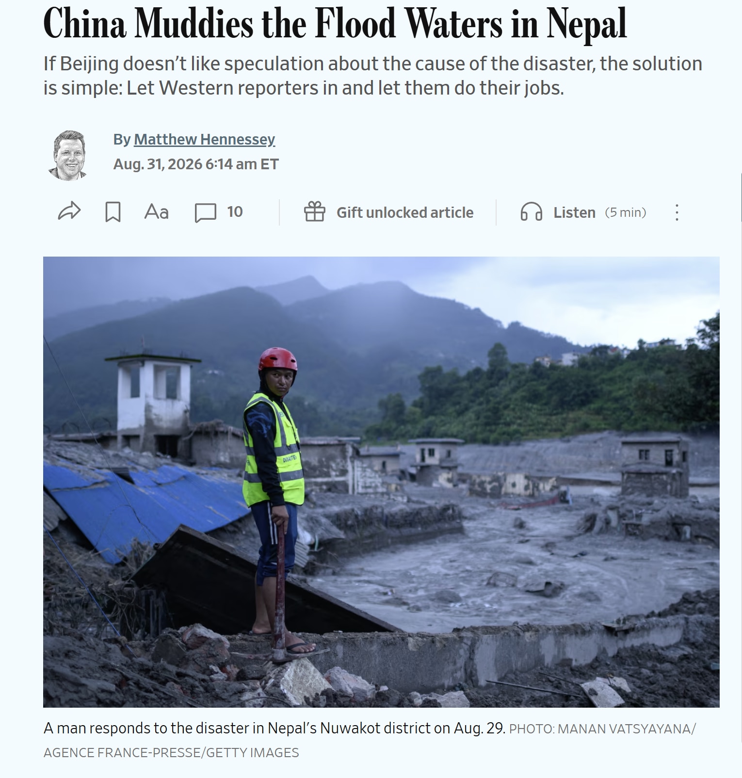 【美国之声—《华尔街日报》刊文，讽刺中共国撒谎、甩锅，并处理提出质疑的人】2026年8月31日，《华尔街日报》发布题为《中共国搅浑尼泊尔的洪灾真相》的文章，非常反讽、辛辣！以下是摘要：

1. 周末，...