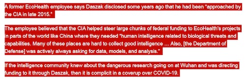 Andrew Huff, un ex dipendente di EcoHealth, afferma che Peter Daszak ha rivelato alcuni anni fa di essere stato "avvicinato dalla CIA alla fine del 2015". 

L'impiegato credeva che la CIA avesse aiutato a indirizzare grandi porzioni di finanziamenti federali ai progetti di EcoHealth in parti del mondo come la Cina dove avevano bisogno di "intelligenza umana relativa a minacce e capacità biologiche. In molti di questi luoghi è difficile raccogliere una buona intelligenza... Inoltre, [il Dipartimento della Difesa] chiedeva sempre attivamente dati, modelli e analisi". 

Se la comunità dell'intelligence fosse a conoscenza della pericolosa ricerca in corso a Wuhan e vi stesse indirizzando finanziamenti attraverso Daszak, allora è complice di un insabbiamento sul COVID-19.