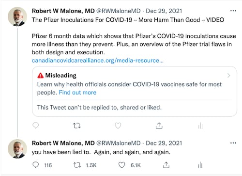 Apparently this is the offending tweet.  Note the warning.  There is absolutely nothing in the Canadian Covid Care Alliance video that is not factual.  This is pure censorship of information necessary for true informed consent.