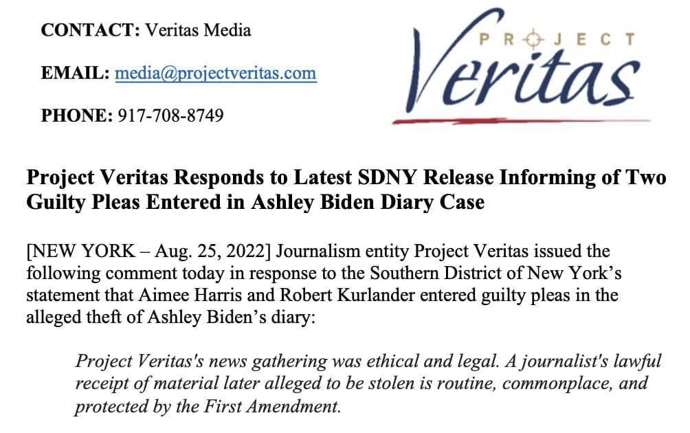 PROJECT VERITAS OFFICIAL RESPONSE TO SDNY “GUILTY” PLEAS BY SOURCES IN BIDEN DIARY CASE