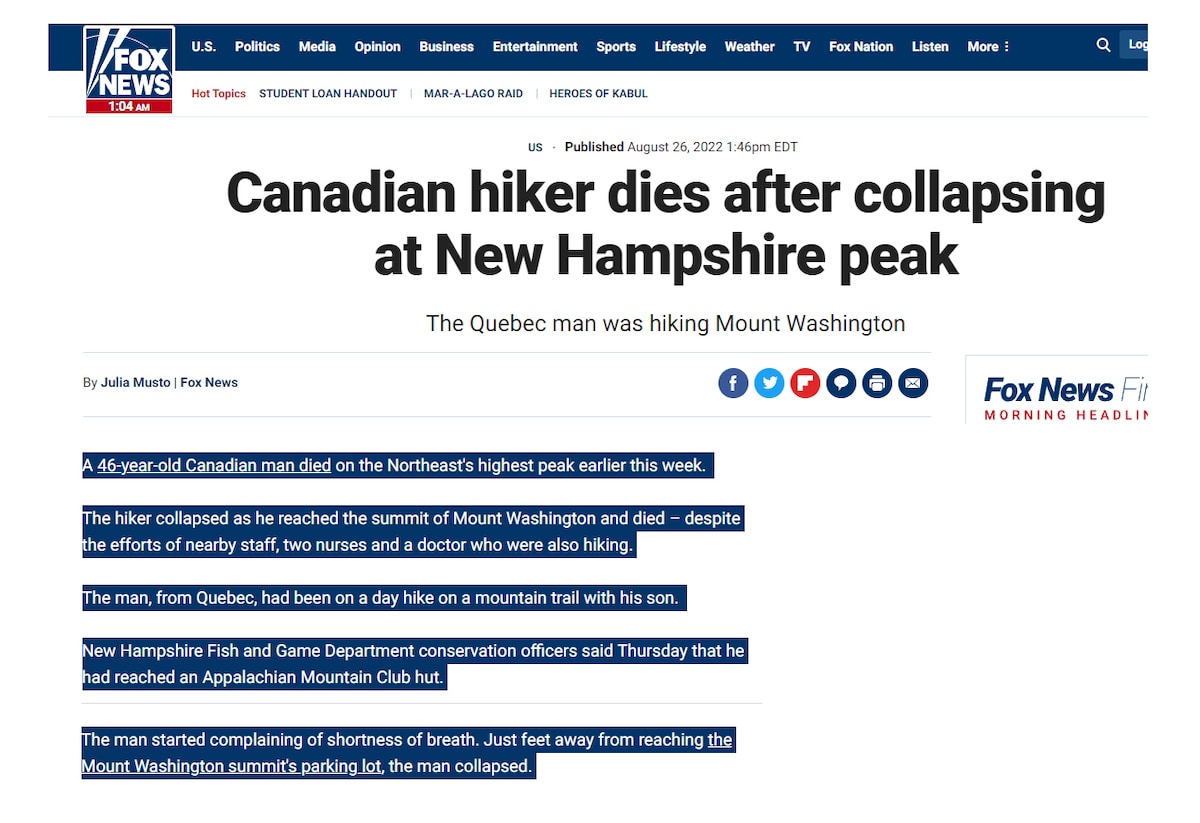💥 Three fully vaccinated Canadian hikers died in the US - two in the past week!

A 46 yo from Quebe...