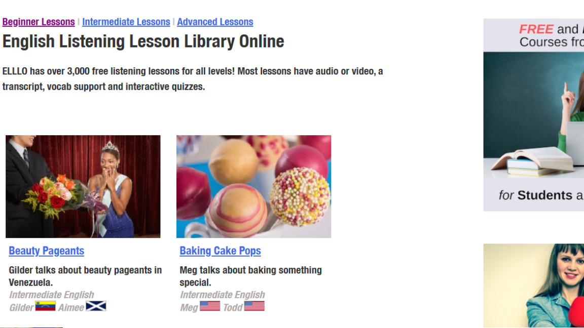 分享一个免费而且好用的英语学习网站 elllo.org 并简单介绍学习方法。
1，纯英文环境。2，实用性强。3，材料多且分级别。4，适合自学也适合给学生授课。