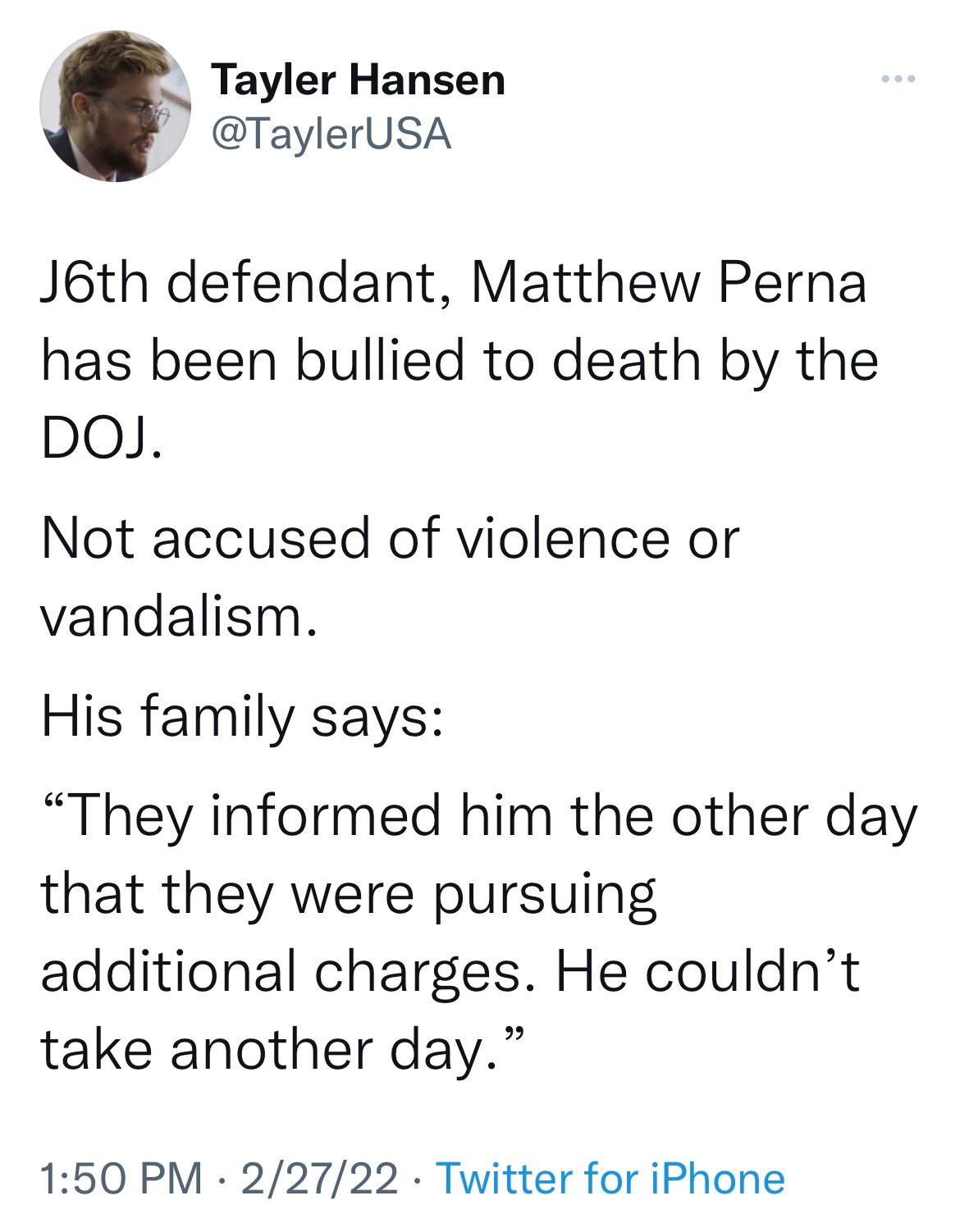 I don’t know Matthew Perna, haven’t studied his case or accusations against him. But he has killed h...