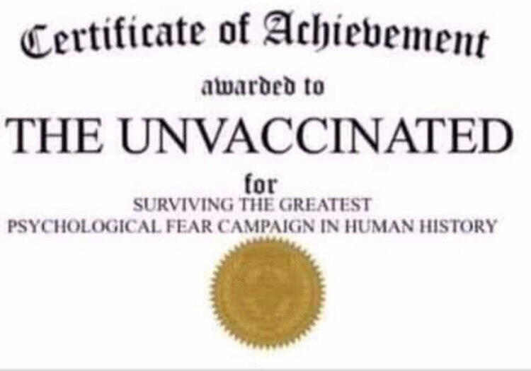 If you haven’t had the vaccine &
 any of the umpteen boosters then you can award yourself this distinction. Congratulations! 

Apart from staying healthy, & not having to worry about future unknown health risks, you have achieved something else - not succumbing to the greatest mass propaganda scam in human history.

 

