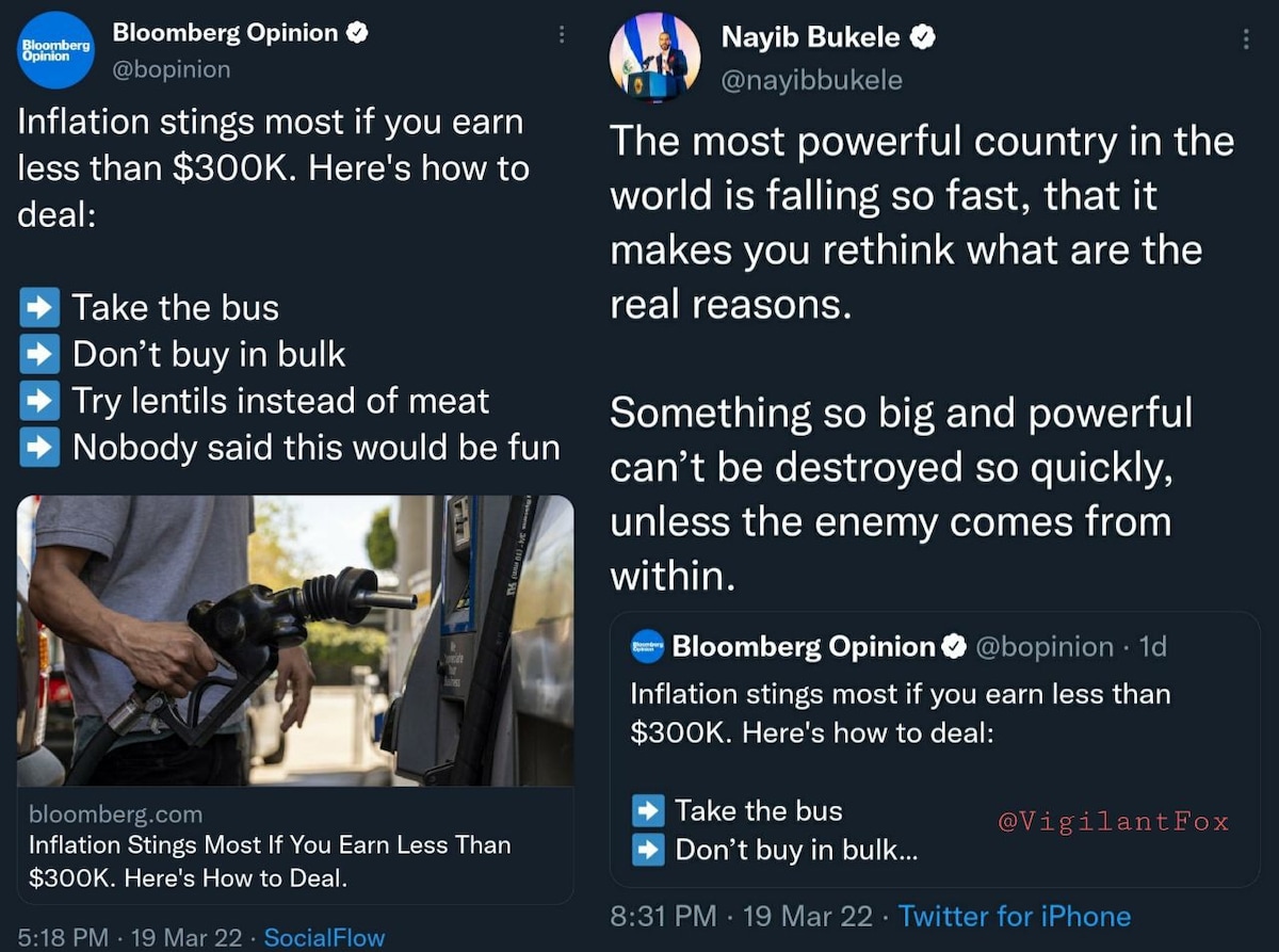 The President of El Salvador, Nayib Bukele: 

"Something so big and powerful (the USA) can't be de...