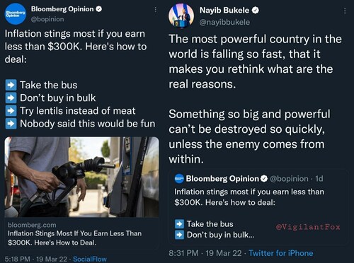 The President of El Salvador, Nayib Bukele: 

"Something so big and powerful (the USA) can't be destroyed so quickly, unless the enemy comes from within."

https://twitter.com/nayibbukele/status/1505341342712573952?s=20&t=imkjYD8T75vvUW_hHvONBQ