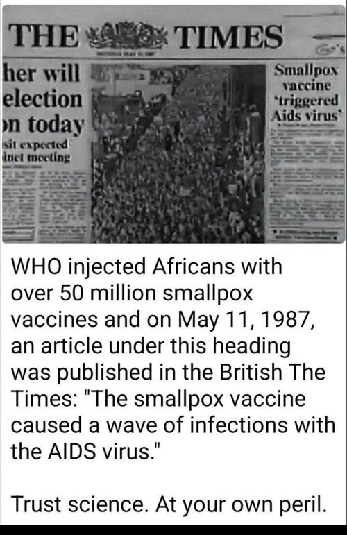😡😡😡
WHO injected 50 million Africans with smallpox vaccine which caused AIDS outbreak.

Article i...