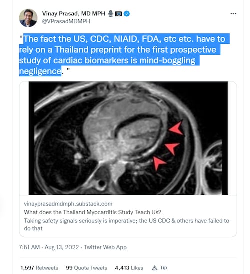 💥 Effects of mRNA on the hearts of young people 💥

Prospective study of Thai adolescents post 2nd Pfizer jab:

"7/202 boys had overt or subclinical myocarditis (3.5%)"

Not 1 in 5000. Reality: 1 in 29.

"If the study included Moderna, I expect worse results. I don’t know what to expect in men 18-30, but I am worried."

"The results of this study should be a call to arms"

I like Vinay but he's still 10 steps behind. All of this has been known since early 2021. Every authority knew this and proceeded ANYWAYS

University vaccine mandates prove that mRNA damage to young people was always intentional.

There is no "negligence" here, Vinay.

Malice aforethought.

https://vinayprasadmdmph.substack.com/p/what-does-the-thailand-myocarditis?utm_source=twitter&sd=pf