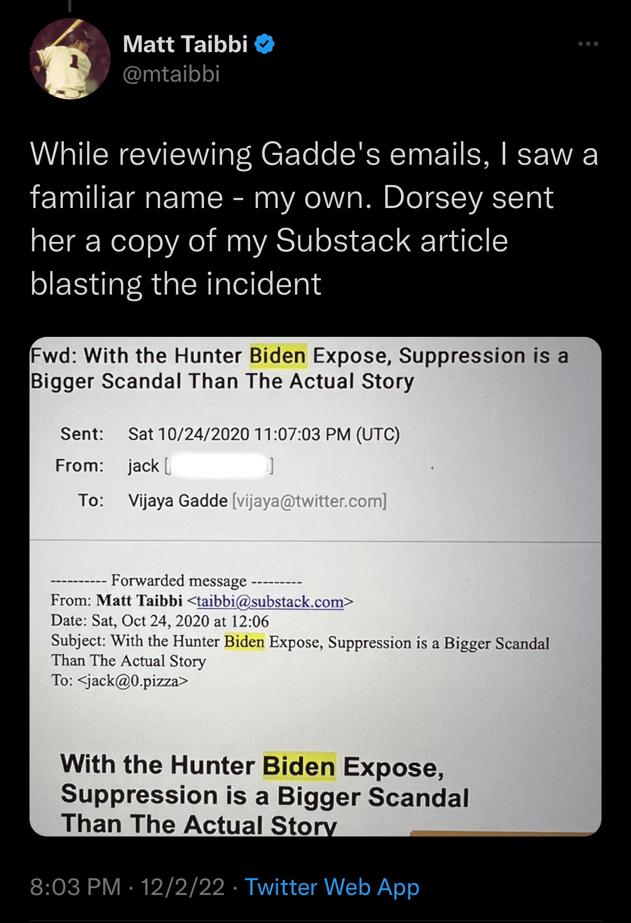 Matt Taibbi publishes Jack Dorsey’s personal email address: jack@0.pizza

https://twitter.com/mtaibb...