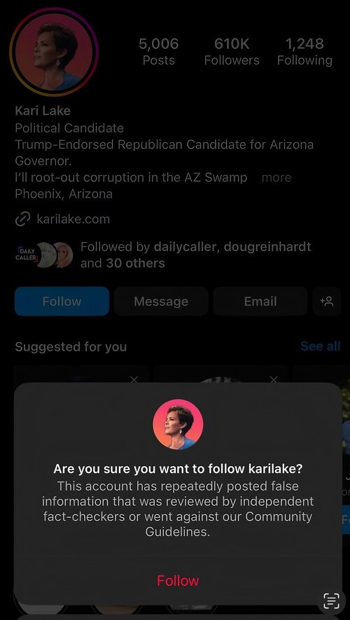 Our Tech Overlords are hard at work censoring anyone that challenges the mainstream narrative.
Instagram has a warning for anyone that wants to follow me. Am I really THAT dangerous? 🙄
It’s time to topple Big Tech.