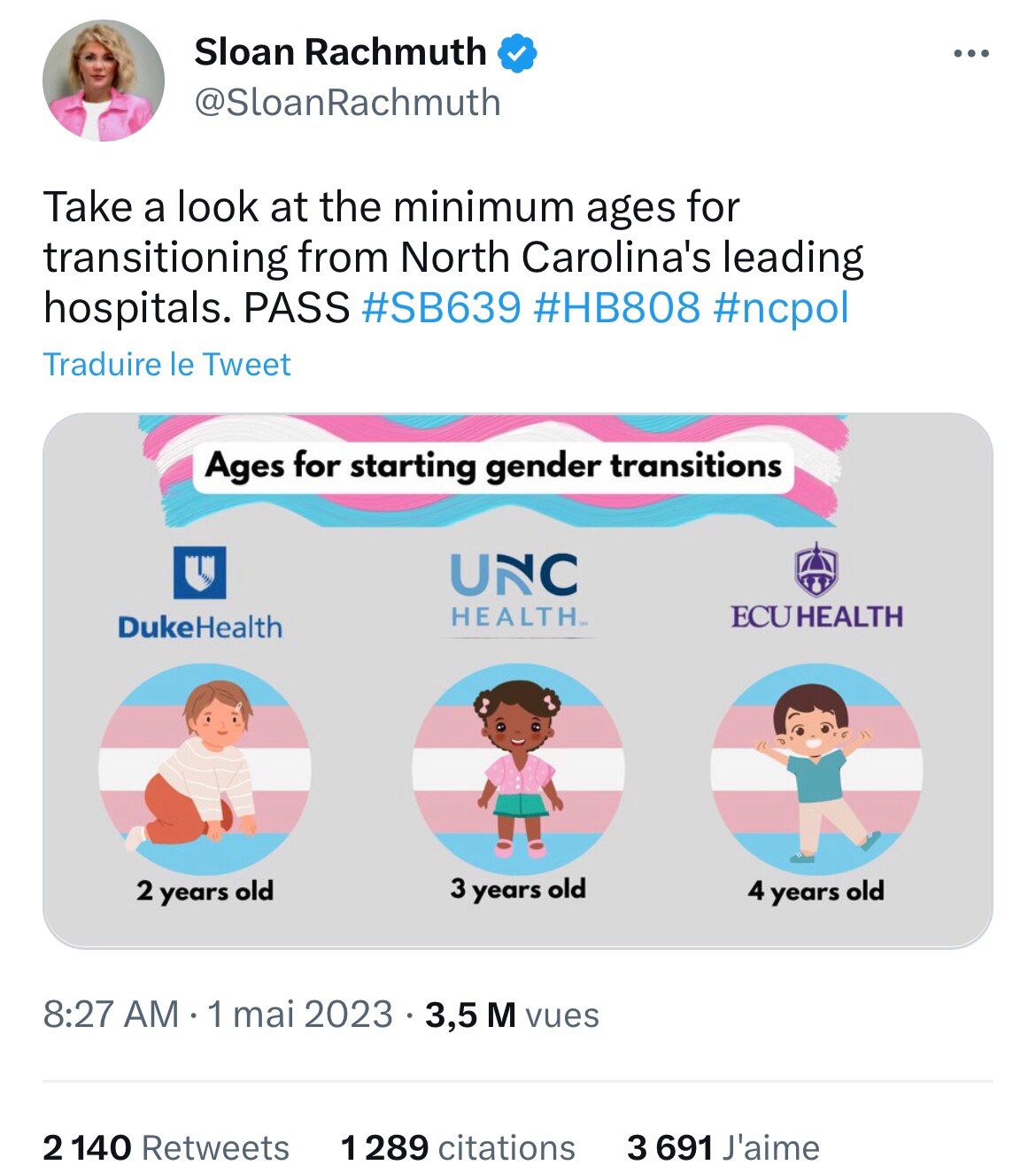 Voici l’âge minimum dans 3 hôpitaux en Caroline du Nord, 2,3 et 4 ans pour débuter le processus irré...