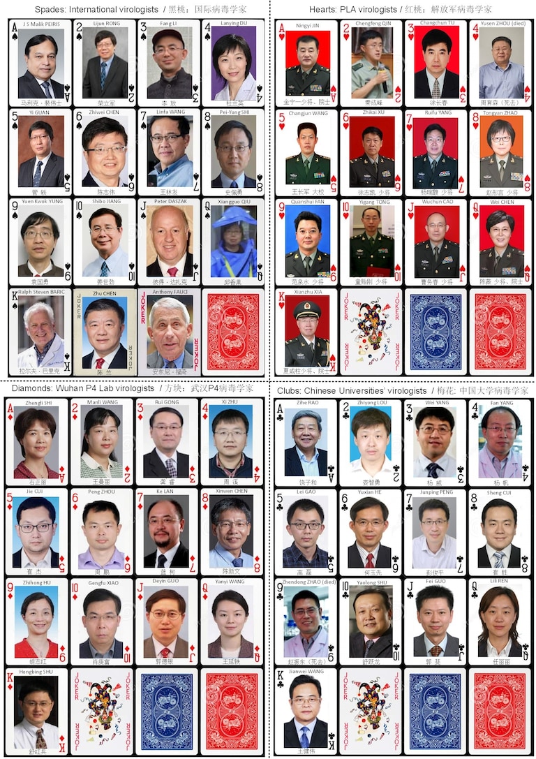 离美国公布病毒相关信息的倒计时，只剩一天。中共制造病毒、放出病毒、掩盖病毒真相的证据将一一曝光。

亲自部署、亲自指挥的习死皇往哪里逃？拭目以待！

下面是我制作的两副“毒王”扑克牌。

美国国会病毒溯源委员会要求的5位证人：
高福：小王(第2套牌)；石正丽：方块A(第1套牌)；胡犇：方块2(第2套牌)；陈薇