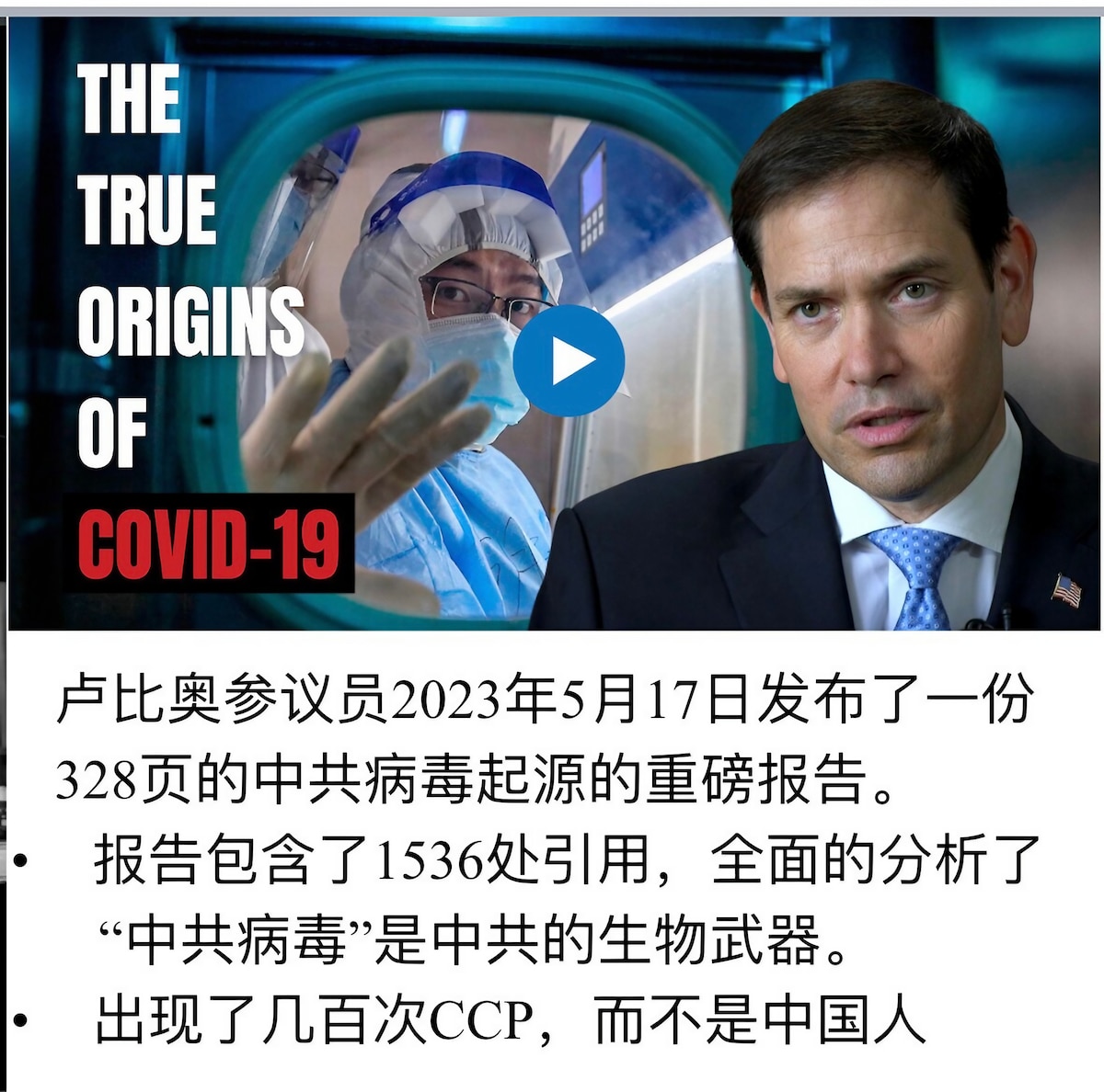 卢比奥参议员2023年5月17日发布了一份328页的中共病毒起源的重磅报告。
•报告包含了1536处引用，全面的分析了“中共病毒”是中共的生物武器。
•出现了几百次CCP，而不是中国人
这正是七哥这几...