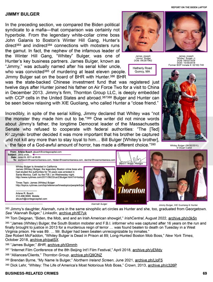 Biden family associate JIMMY BULGER, nephew of the infamous gangster WHITEY BULGER, sat on the board of BHR, a “state-backed Chinese investment firm” alongside Hunter.

Page 69 of the laptop 

