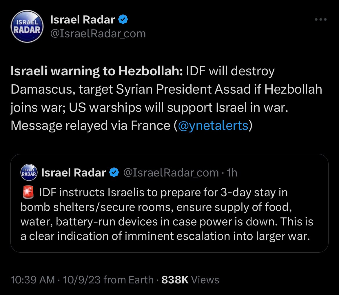 Shit’s About to Get Real 

https://x.com/israelradar_com/status/1711436143852486849?s=46&t=ECqdZL_9Z...