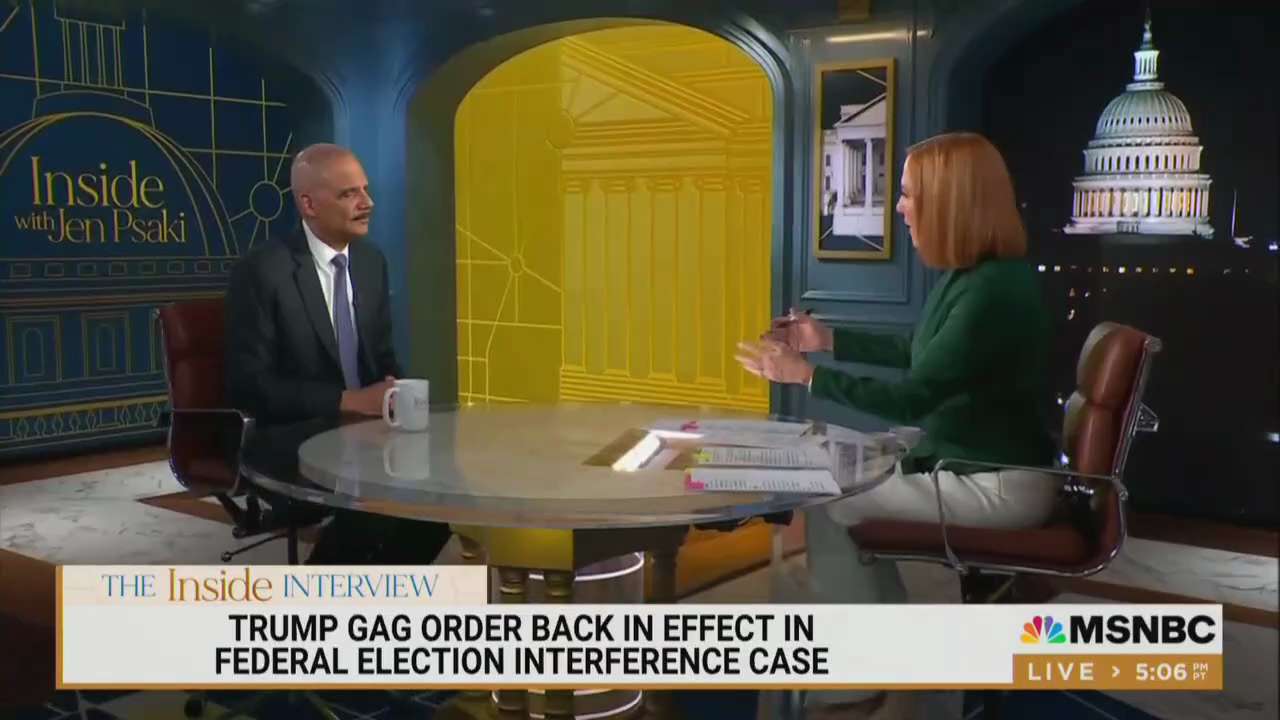 Eric Holder on Trump gag order.

'I would be very, very hesitant to put Trump in jail for violating ...