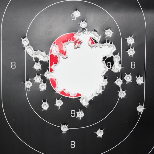 "Yankee by Birth, Rebel by Choice" 
128 rounds from 21 feet, all in the black.  Springfield Armory 9mm XDS