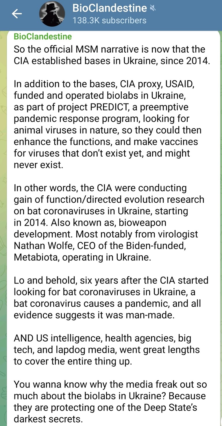 Telegram: https://t.me/bioclandestine/3070
#USAID - United States Agency for International Development 
#Ukraine #biolabs #bioweapons #predict #metabiota #
