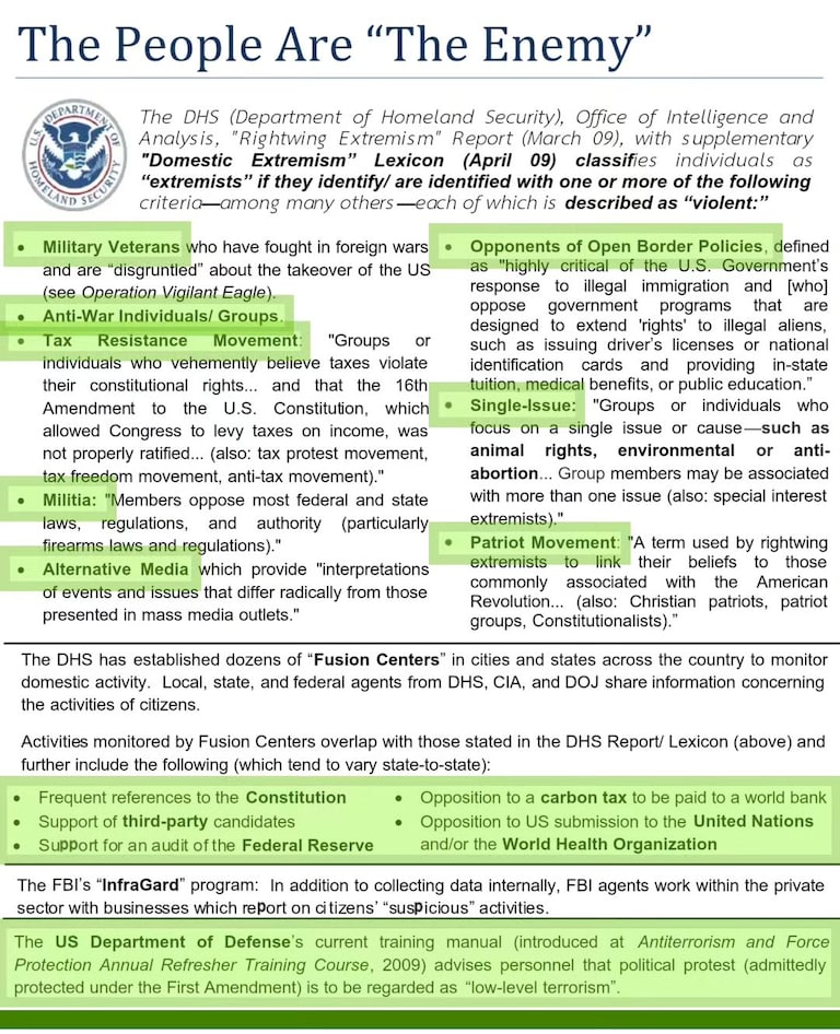 This is from the Department of Homeland Security. Basically it is saying if you are a veteran you are a threat if you are a Christian you're a threat they