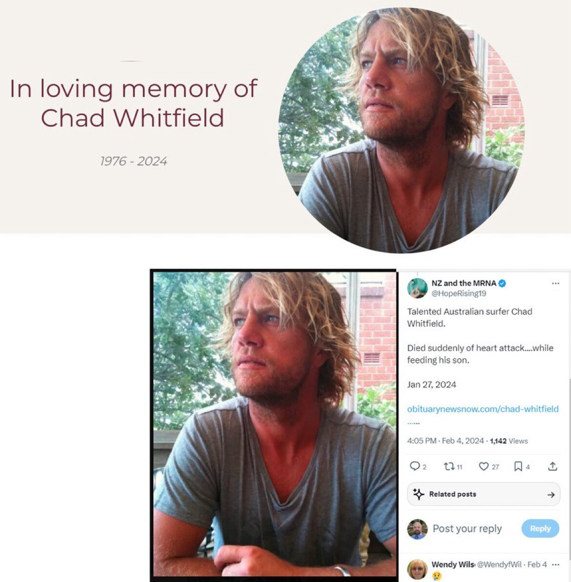 2024 年 1 月 27 日，47 岁的澳大利亚冲浪运动员 Chad Whitfield 在喂儿子时突发心脏病去世，又一名运动员离世🙏

应通过尸检和 #COVID-19 疫苗 #mRNA 和刺突蛋白的免疫组织化学染色来调查每一起猝死病例

#DiedSuddenly