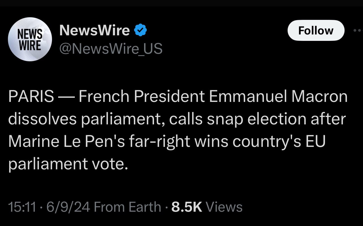 Macron Destroyed by Le Pen;
Biden Now Officially: ‘The Cooler’

https://x.com/newswire_us/status/179...