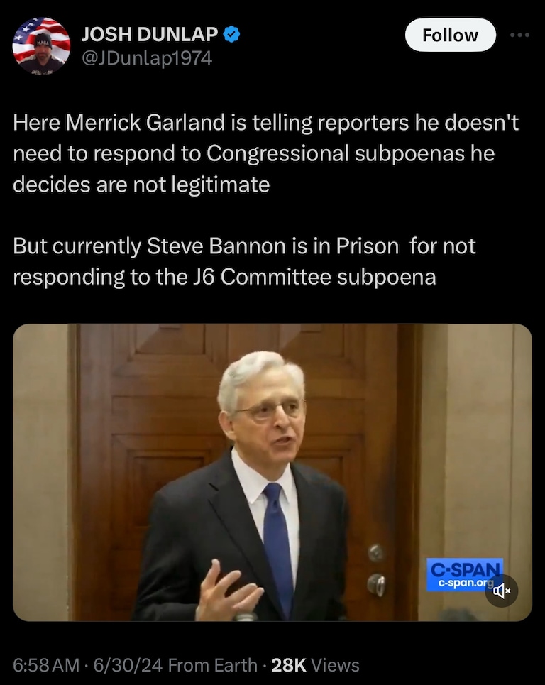 Garland is a Criminal 

https://x.com/jdunlap1974/status/1807413382896648377?s=46&t=ECqdZL_9ZGFJGqr2dyJD8g