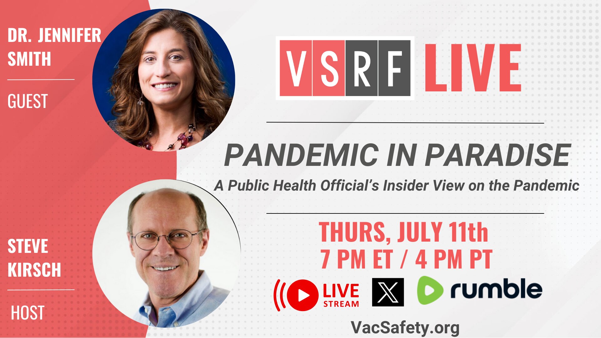 This week on VSRF LIVE Steve sits down with virologist and immunologist Dr. Jennifer Smith, a former public health official in the Hawaii Department of Health and co-author of the new book, Pandemic in Paradise.

In her position during the pandemic as an epidemiological specialist, she played a key role in conducting disease investigations and overseeing other COVID-19 pandemic response efforts  Additionally, she is also an expert in another emerging area of concern: #AvianFlu. There is no better guest to help us understand not only what happened in the botched #COVID19 #pandemic  response but also what we might expect from these same bad actors should #BirdFlu  become the next major public health emergency.

https://rumble.com/c/VaccineSafetyResearchFoundation…
