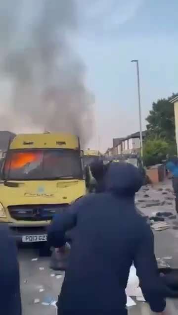 Riot van destroyed as the people of Southport kick off following the horrific murder of 3 children yesterday.