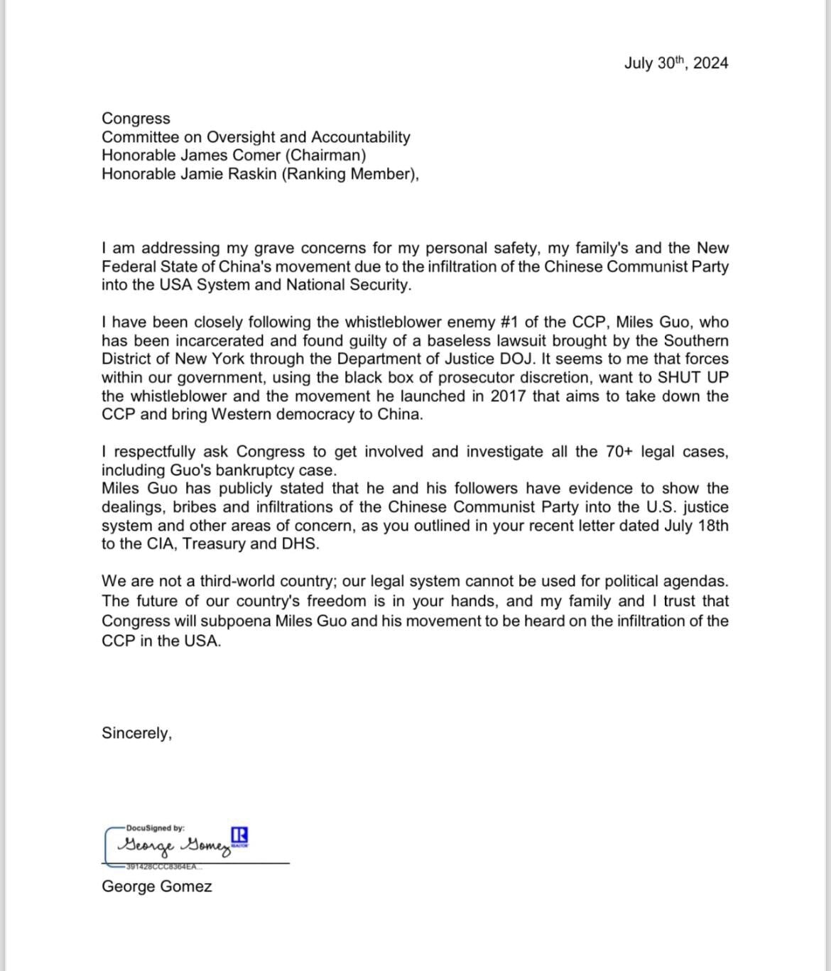 衷心感謝乔治·戈麦斯先生為七哥呼吁国会介入调查他所有70多个案件，包括七哥的破产案🙏🙏🙏❤️  请战友转發👇

乔治·戈麦斯2024年7月30日写给国会监督和问责委员会主席 詹姆斯·库默的一封...