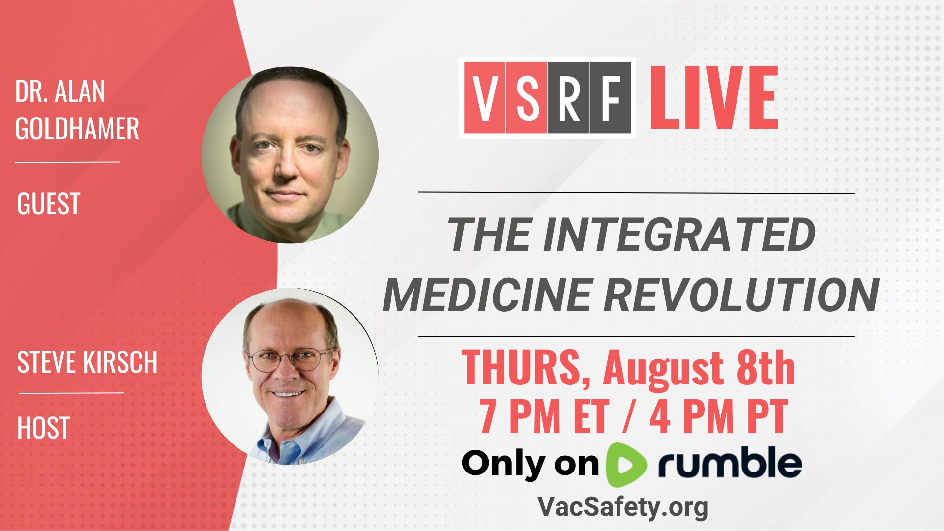 On this Thursday’s VSRF Live, @stkirsch sits down with Dr. Alan Goldhamer, founder of TrueNorth Health Center in Santa Rosa, CA, a state-of-the-art facility that provides medical and chiropractic services, psychotherapy and counseling, as well as massage and body work.

Dr. Goldhamer has supervised the fasts of thousands of patients. Under his guidance, the Center has become one of the premier training facilities for doctors wishing to gain certification in the supervision of therapeutic fasting. He even helped cure our very own @MarieAngelaW1 with her cardiac issues.

Join us for this fantastic discussion with one of the true, great medical pioneers of our time!

https://rumble.com/c/VaccineSafetyResearchFoundation
