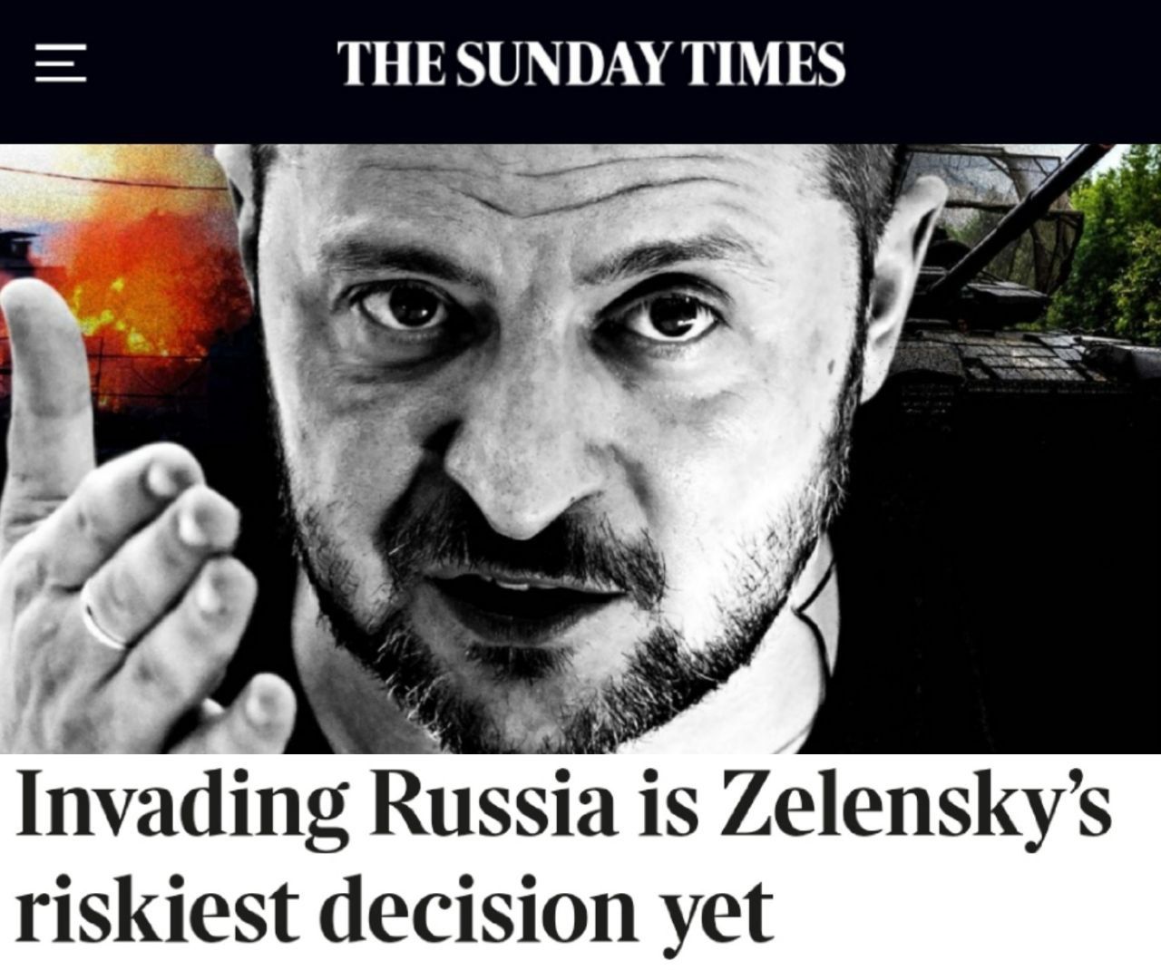 You don't want to fight Russia? Zelensky will make you do it. 

Verkhovna Rada deputy Dubinsky: 

I will give my assessment of the counteroffensive in Kursk Oblast later, when there is a clear understanding of what it is and why. Plus, apparently, the OP [office of the President of Ukraine] itself does not know what this adventure is for and what it will lead to - that's why they are silent where they usually wave their cowards from the stage. 

The invasion of Kursk Oblast (if it is not a short raid) turns the help of partners into help to seize Russian territory. The answer is unpredictable. Hence the cautious reaction of Washington, the request for clarification of plans and consultations. I still continue to believe that Zelensky's goal, the goal of his survival