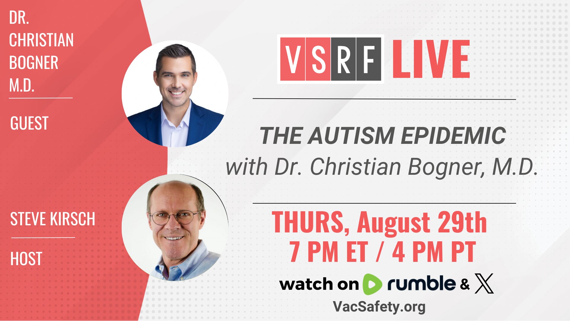 On this week’s VSRF LIVE we are joined by famed integrative medicine expert Dr. Christian Bogner, M.D. Dr. Bogner is a lecturer, educator and experienced practicing clinician. He is a Functional Medicine certified physician with additional board certification in OBGYN. Additionally, he obtained his certification in Plant-Based-Nutrition from Cornell University.

Join us for this fascinating discussion where we will hear from one of the foremost pioneers in functional medicine today, and learn why there is so much hope for overcoming Autism on the horizon.
